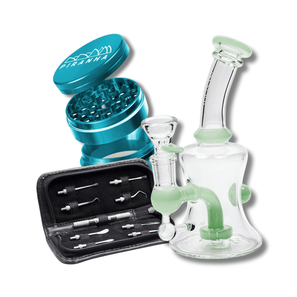 Cannabis accessories including bongs, grinders, and other tools