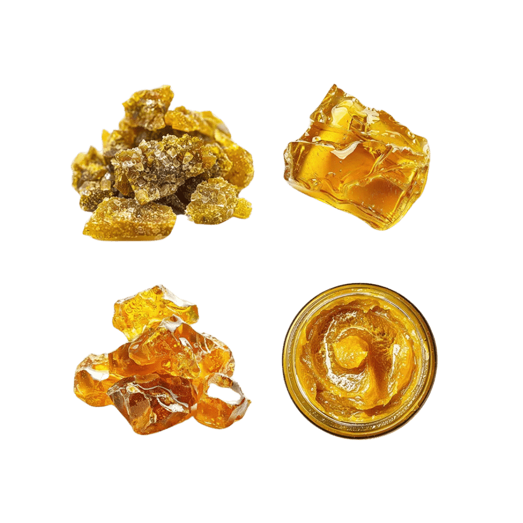 Various cannabis concentrates including rosin, hash, and shatter