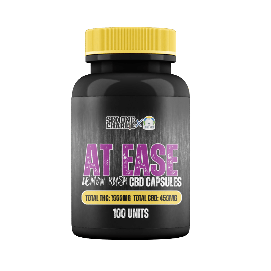 At Ease - Capsules de Live Rosin spécifiques à la souche Lemon Kush 2 Emballage des Capsules de Live Rosin spécifiques à la souche THCCBD Lemon Kush At Ease paquet de 100 par Six One Charlie