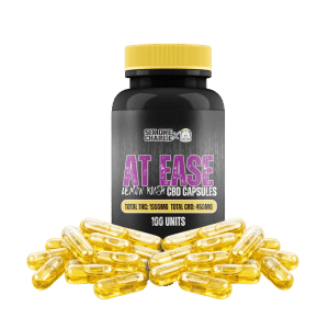 Produit et emballage des Capsules de Live Rosin spécifiques à la souche THCCBD Lemon Kush At Ease paquet de 100 par Six One Charlie