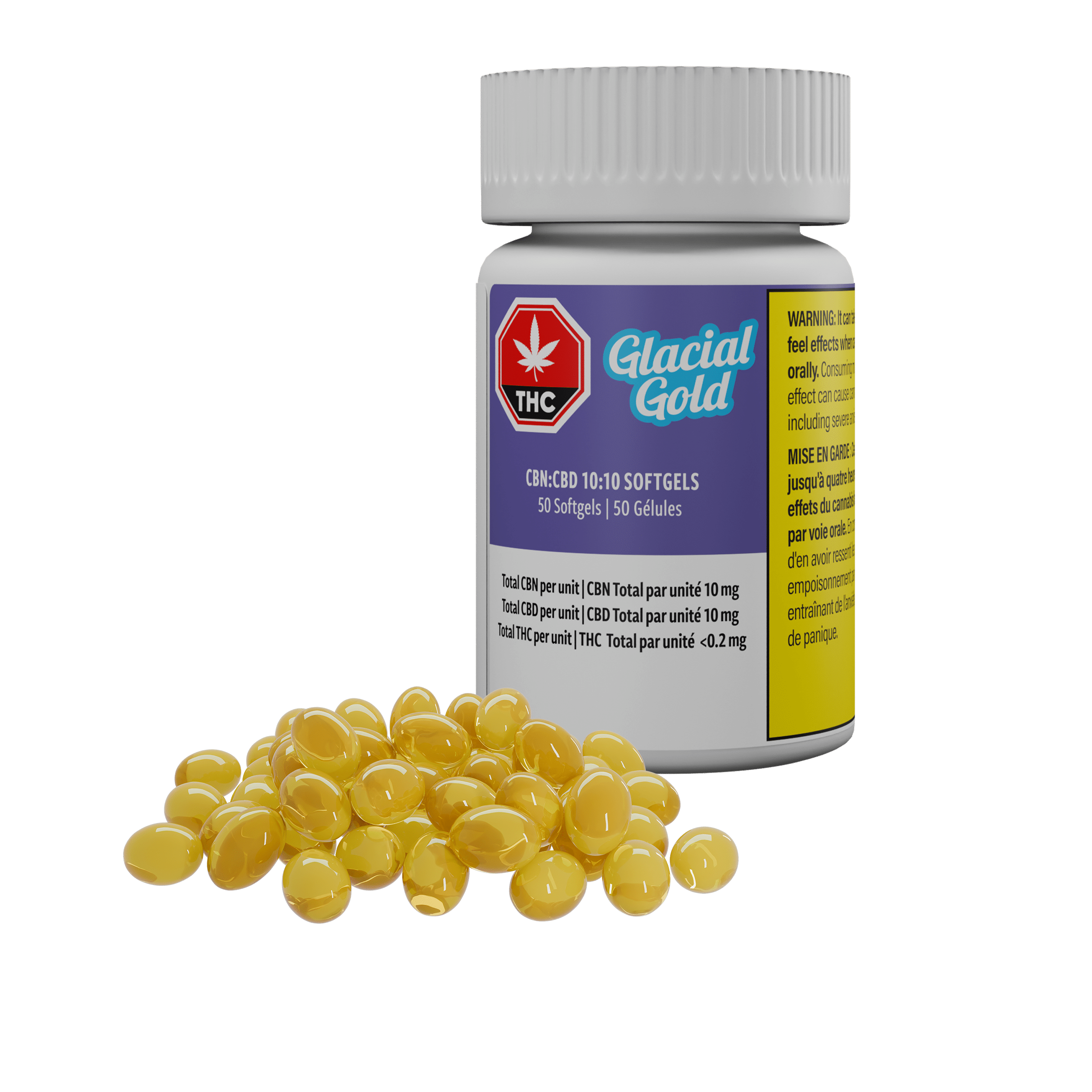 CBN:CBD 10:10 Softgels 50-Pack 1 CBN-CBD 10-10 Softgels - 50 Pack - Bottle & Softgels by Glacial Gold
