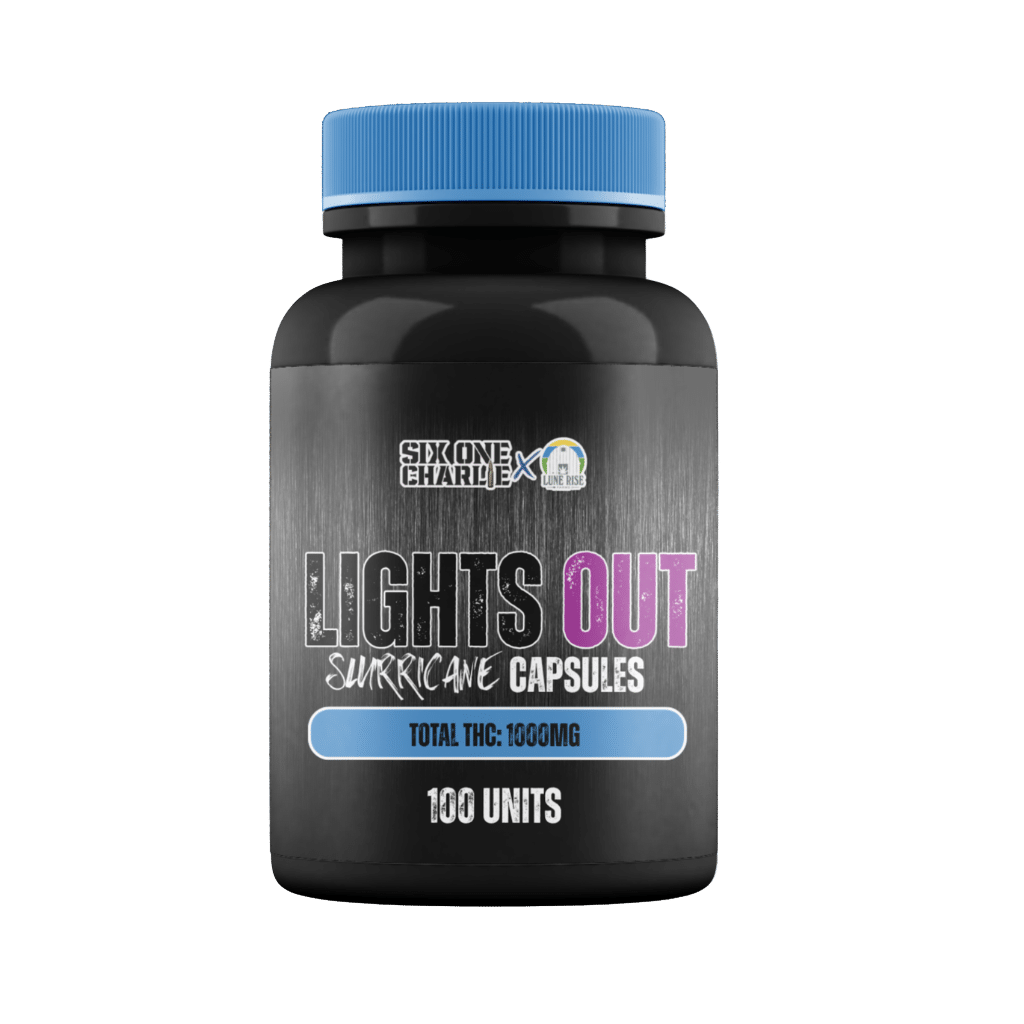 Light’s Out - Capsules de Live Rosin de souche spécifique Slurricane 2 Light’s Out Slurricane Strain Specific Live Rosin Capsules 100 Pack by Six One Charlie Package