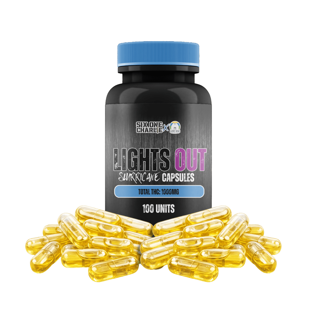 Light’s Out - Capsules de Live Rosin de souche spécifique Slurricane 1 Light’s Out Slurricane Strain Specific Live Rosin Capsules 100 Pack by Six One Charlie Product and Package