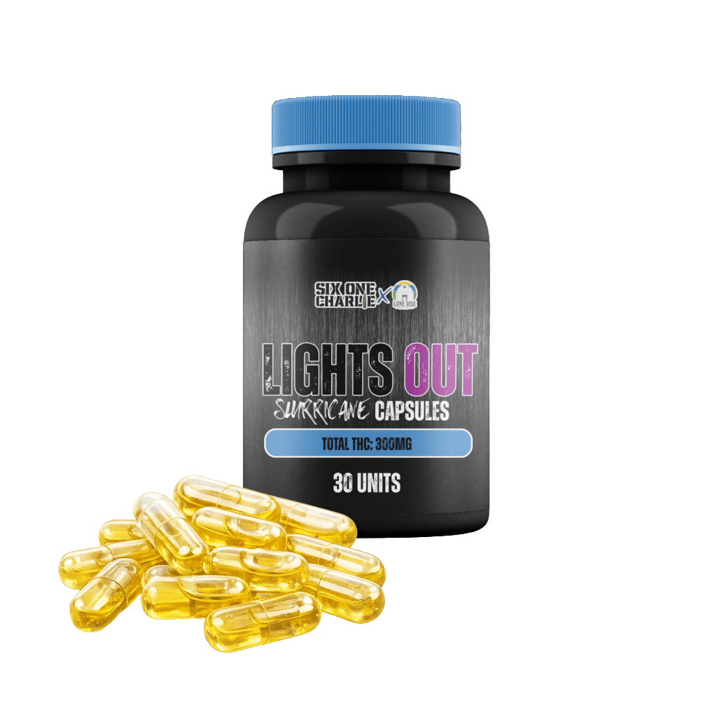 Light’s Out - Capsules de Live Rosin de souche spécifique Slurricane 1 Light’s Out Slurricane Strain Specific Live Rosin Capsules 30 Pack by Six One Charlie Product and Package