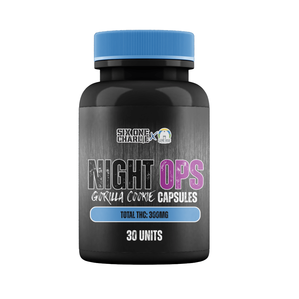 Night Ops - Capsules de Live Rosin de souche spécifique Gorilla Cookies 2 Night Ops Gorilla Cookies Strain Specific Live Rosin Capsules 30 Pack by Six One Charlie Package