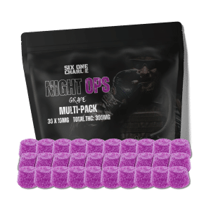 Night Ops – Indica Grape Gummies 30 pack by Six One Charlie (Package+Gummy)