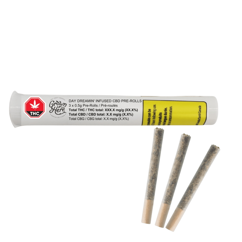 New Medical Cannabis Products at Mendo: May 20th 2026 12 Day Dreamin' Infused CBD Prerolls 3x0,5g by Grown Here Farms (Package+Product)
