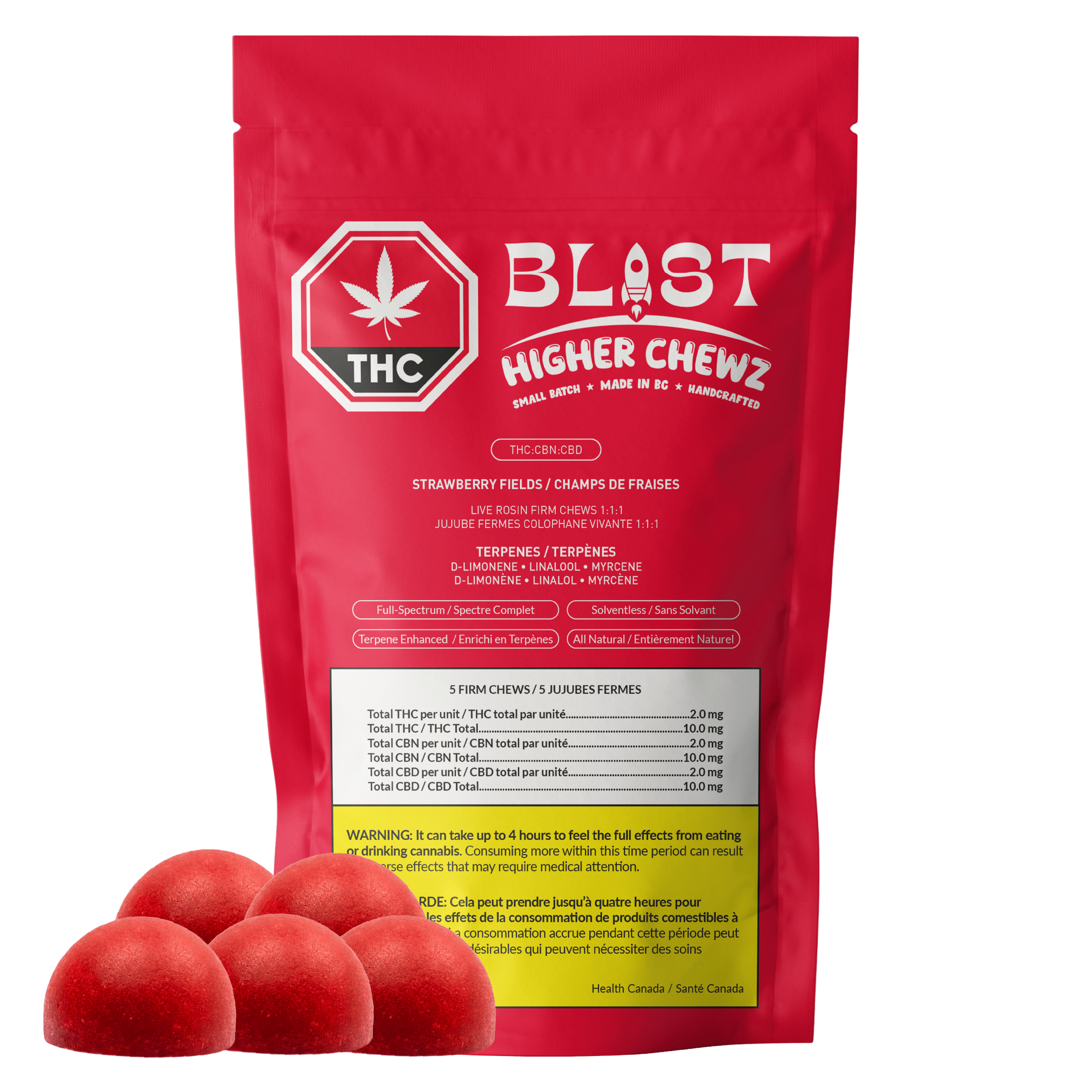 Strawberry Fields Live Rosin Higher Chewz 1:1:1 THC:CBD:CBN 2 Champ de fraises-Produit-et-emballage