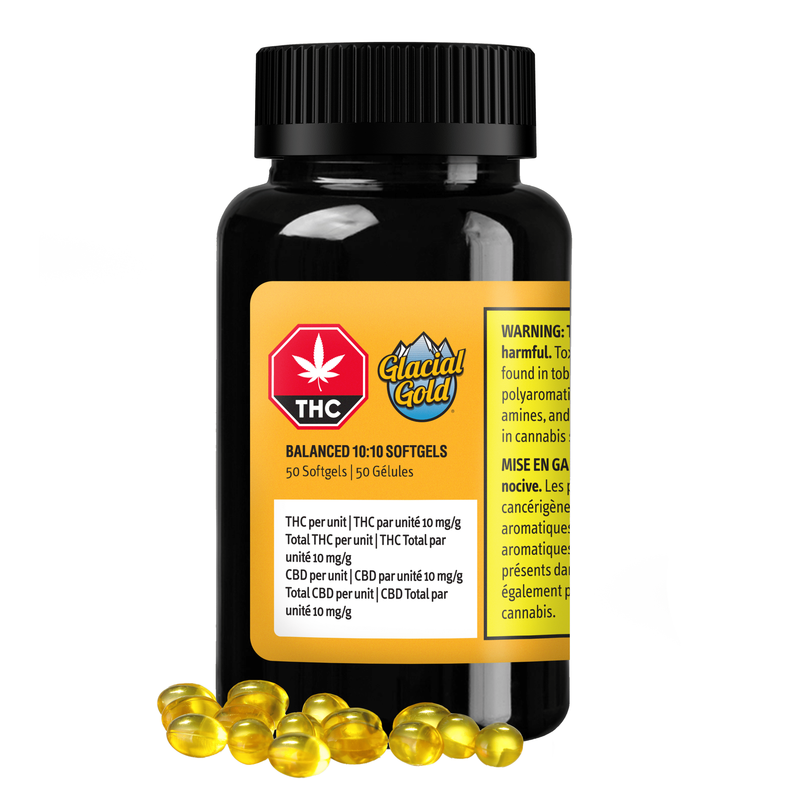 Gélules équilibrées 10:10 (Paquet de 50) 1 Capsules molles équilibrées 10:10 – paquet de 50 de Glacial Gold : produit et emballage