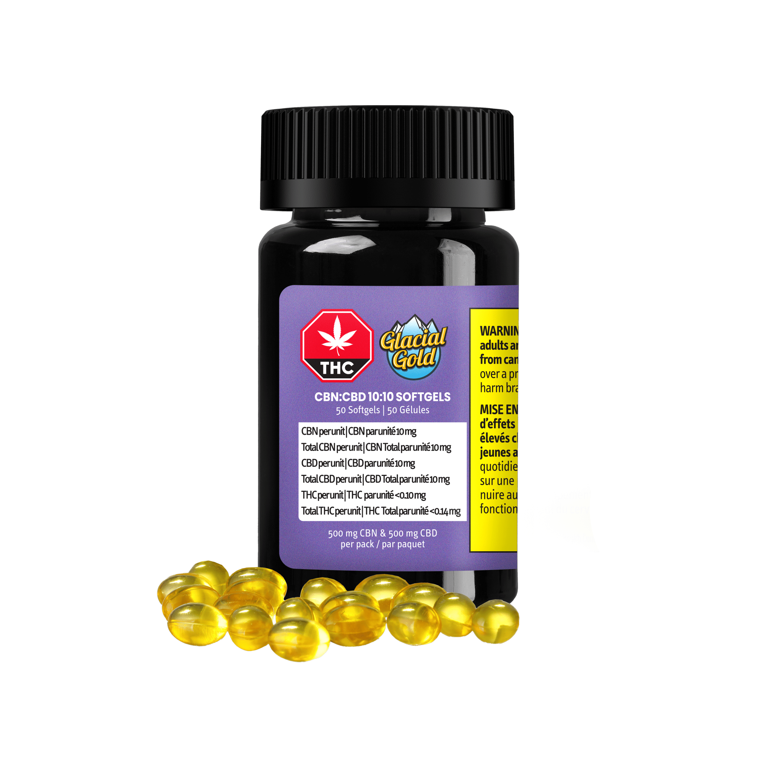 CBN:CBD 10:10 Softgels 50-Pack 1 CBN:CBD 10:10 Softgels 50 pack by Glacial Gold Product and Package