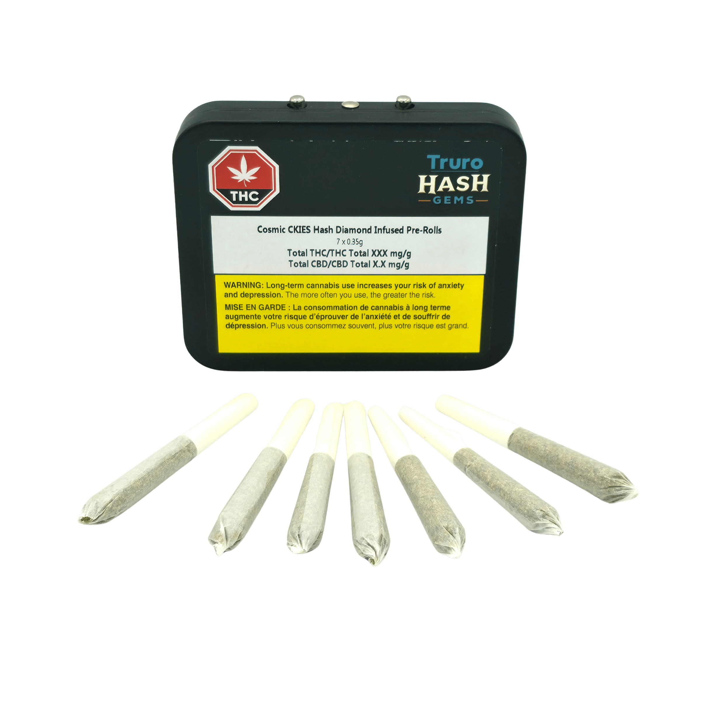 Cosmic CKIES Hash Diamond Infused Pre-Rolls 1 Cosmic CKIES Hash Diamond Pre Rolls 7x0.35g Package and Product