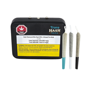 Emballage et produit Hash Diamond Mix Pack 50 %+ préroulés infusés 3 x 0,5 g par Truro Cannabis