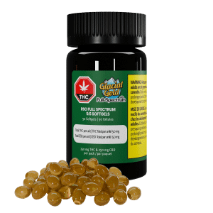 Gélules RSO à spectre complet 5:5 (emballage de 50) par Glacial Gold – Produit et emballage