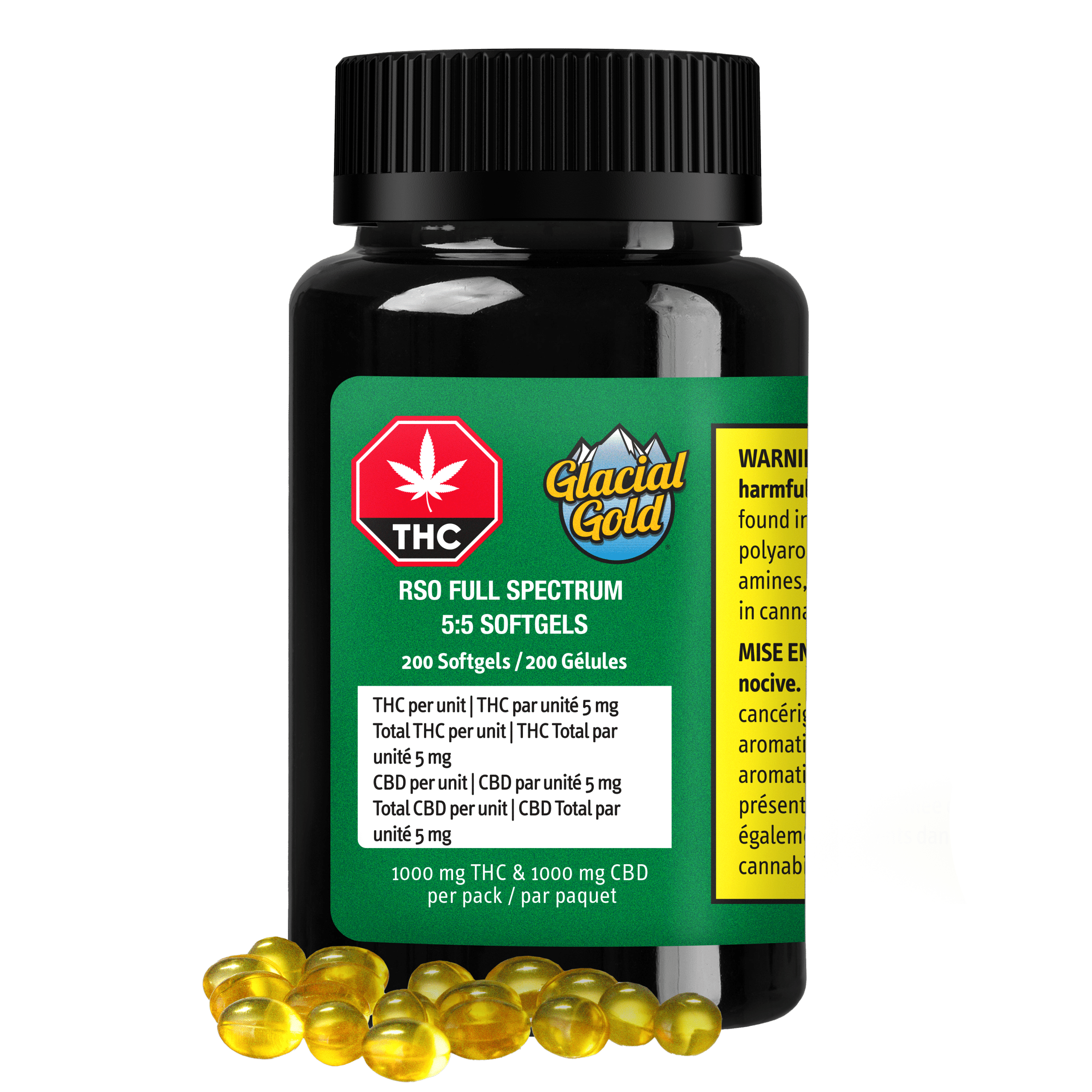RSO Full Spectrum 5:5 Softgels 200-Pack 1 RSO Full Spectrum 5:5 Softgels 200 Pack by Glacial Gold Product and Package
