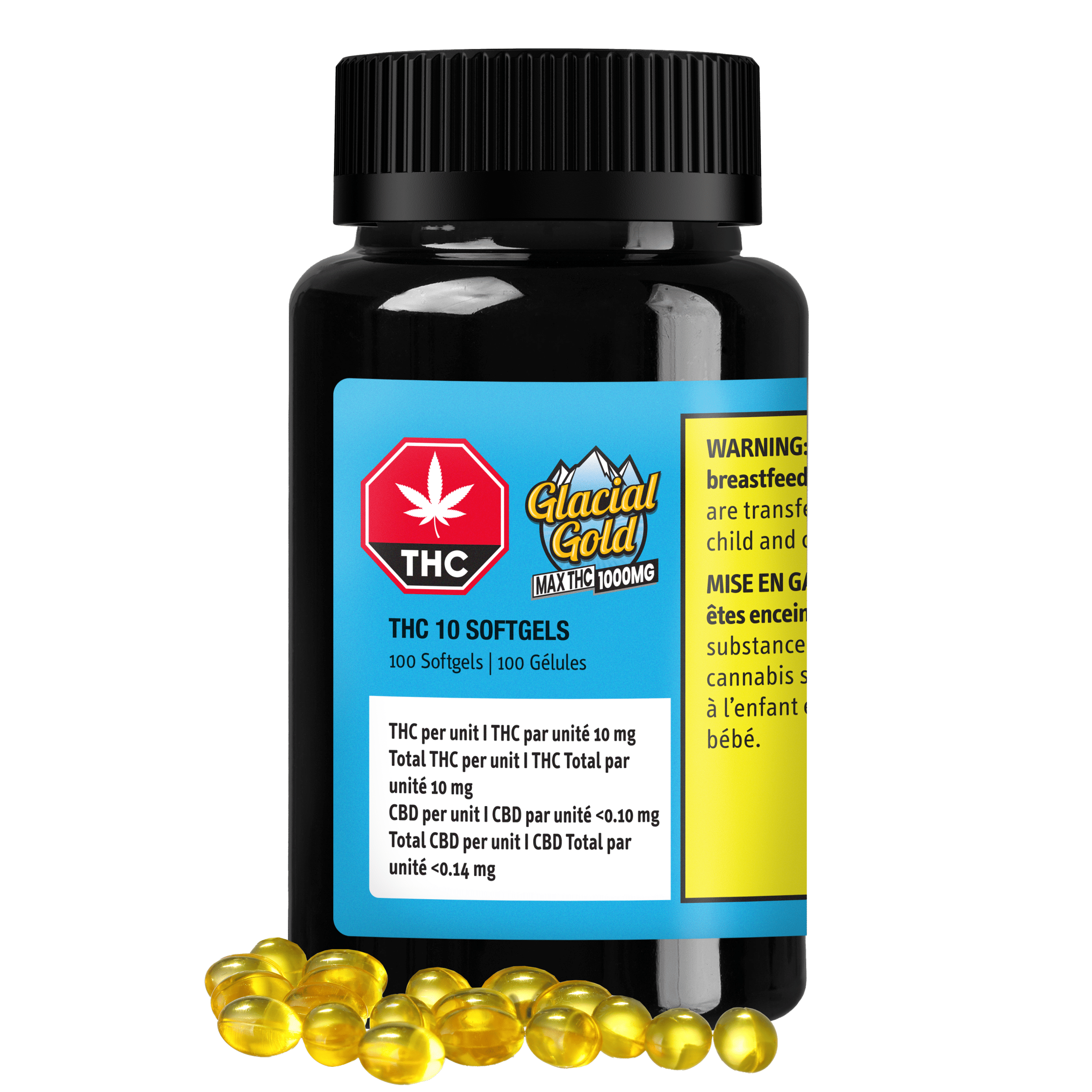THC 10 Softgels 100-Pack 1 THC 10 Softgels 100 Pack by Glacial Gold Product and Package