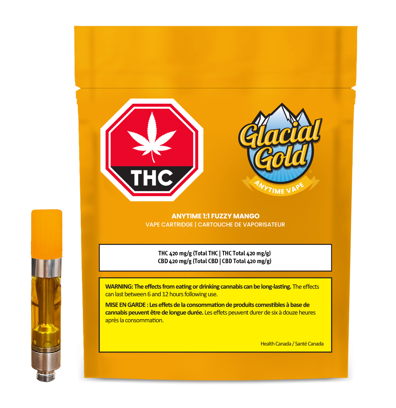 New Medical Cannabis Products at Mendo: July 15th 2026 30 Anytime 1:1 Fuzzy Mango 510 Cartridge 1g by Glacial Gold Product and Package