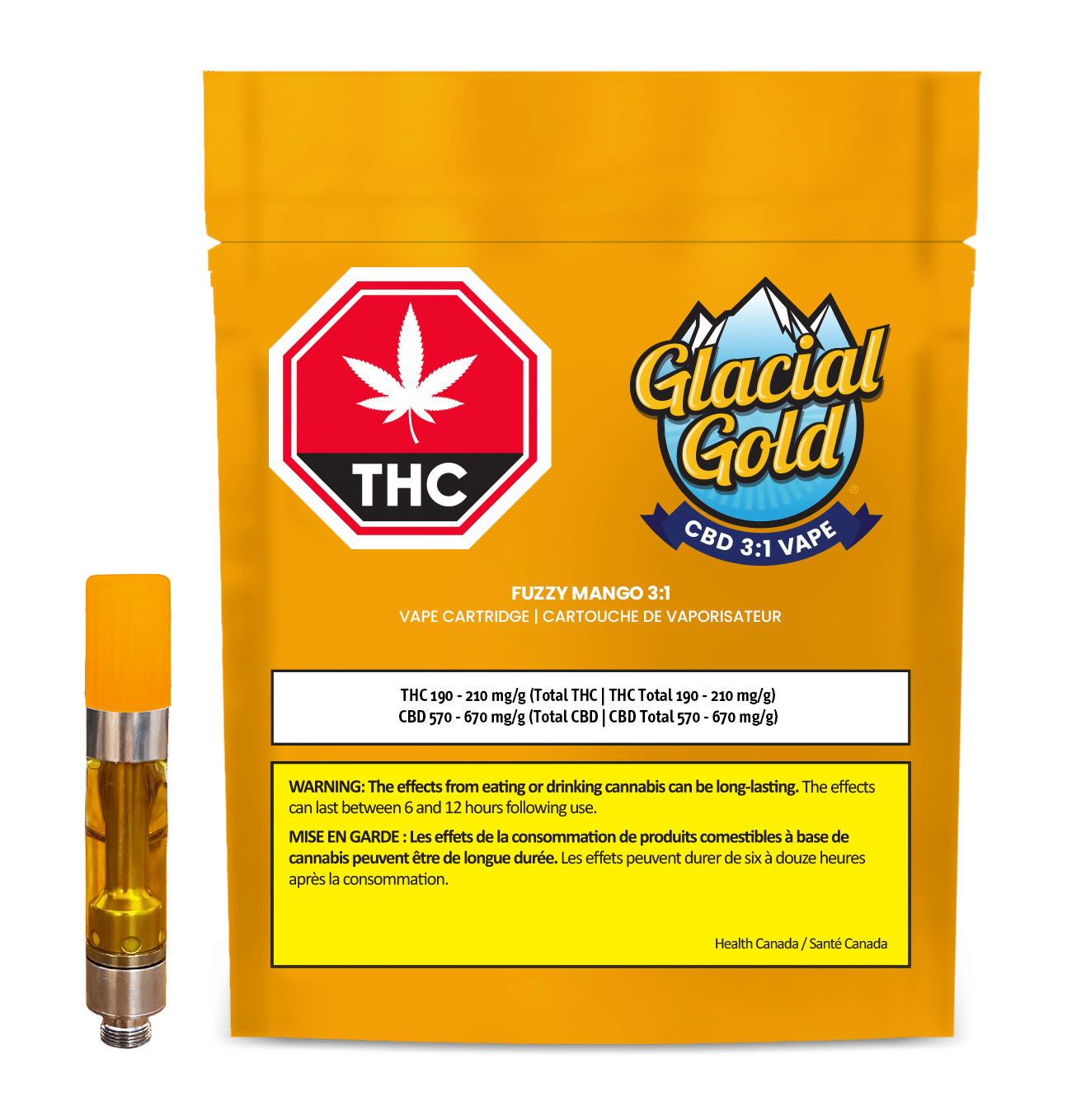 Vape Cart CBD 3:1 Fuzzy Mango 1 Cartouche 510 CBD 3:1 Fuzzy Mango 1 g de Glacial Gold – produit et emballage
