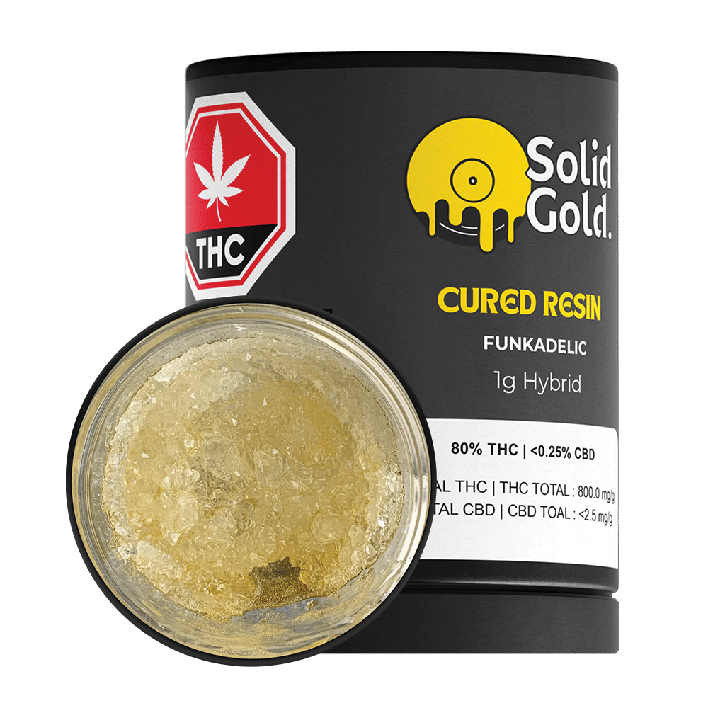 New Medical Cannabis Products at Mendo: August 12th 2026 13 Funkadelic Hybrid Cured Resin package and jar by Solid Gold