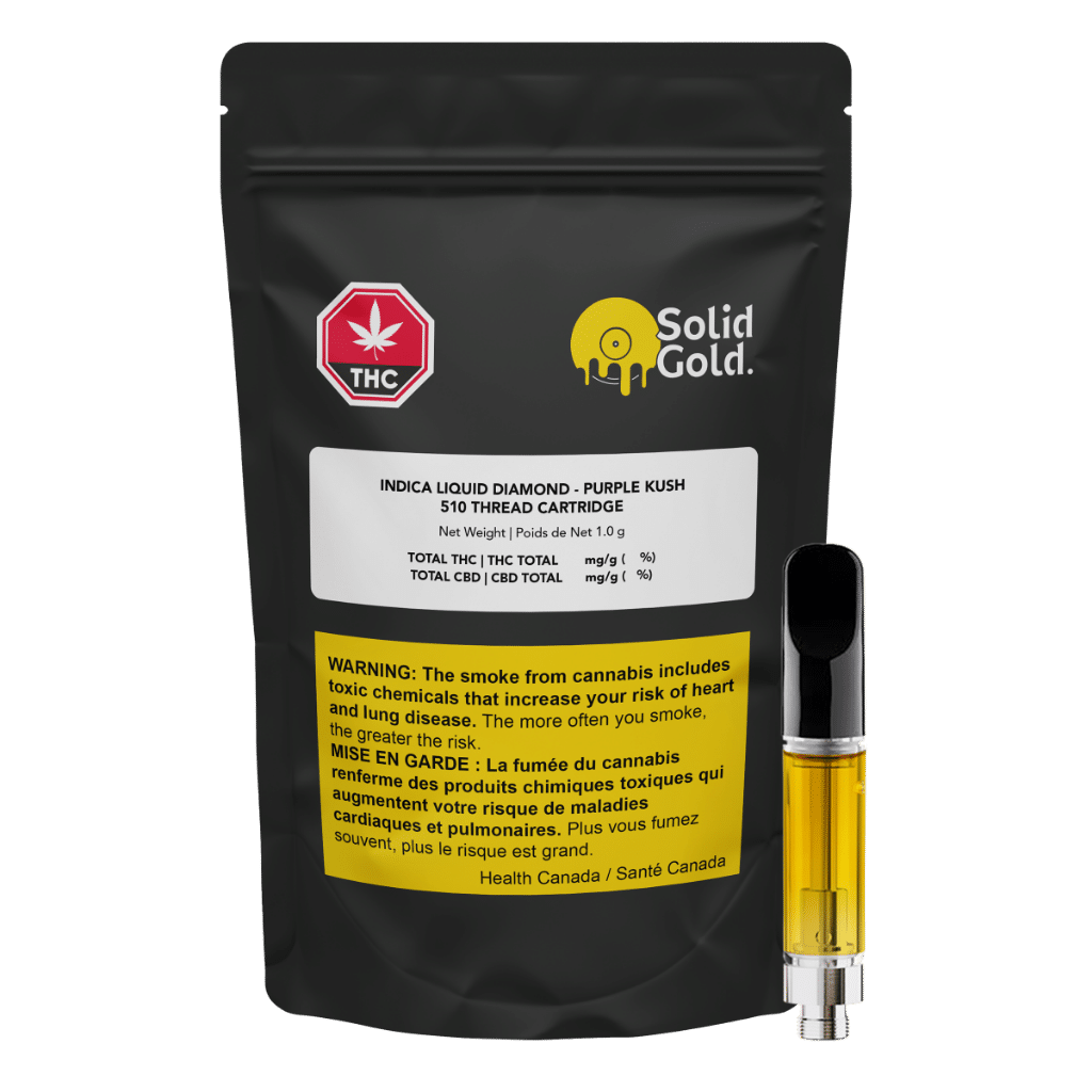 New Medical Cannabis Products at Mendo: August 12th 2026 15 Purple Kush Indica Liquid Diamond Vape Cart package and cart by Solid Gold