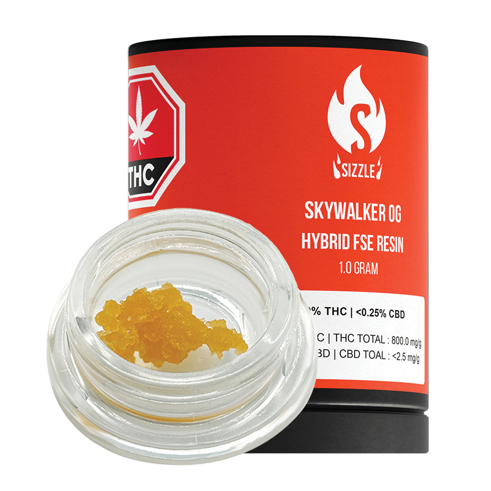 New Medical Cannabis Products at Mendo: August 12th 2026 16 Skywalker OG Hybrid FSE Resin package and jar by Sizzle