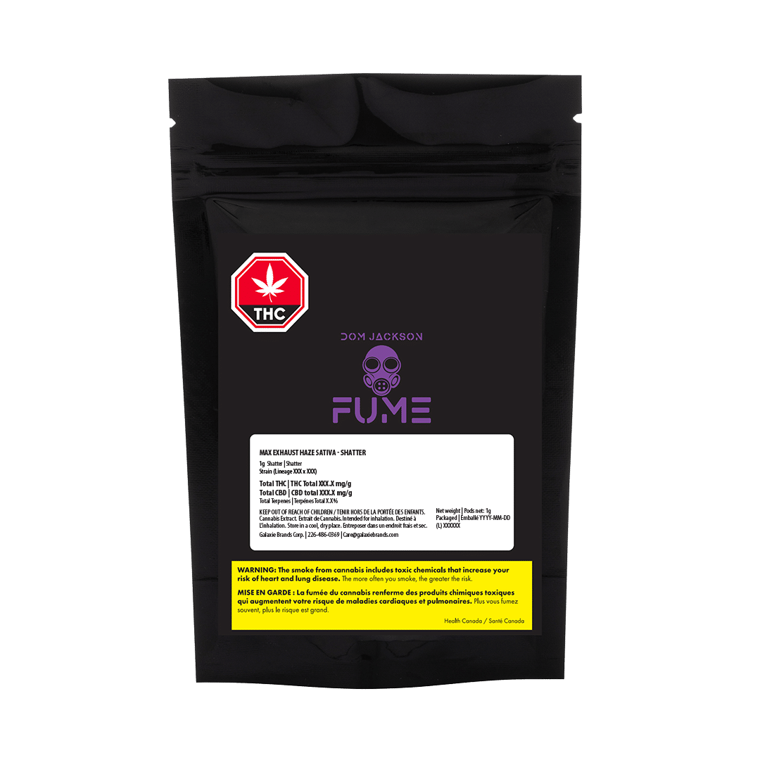 Max Exhaust Haze Shatter Sativa 3 Emballage Shatter Sativa Max Exhaust Haze par Dom Jackson