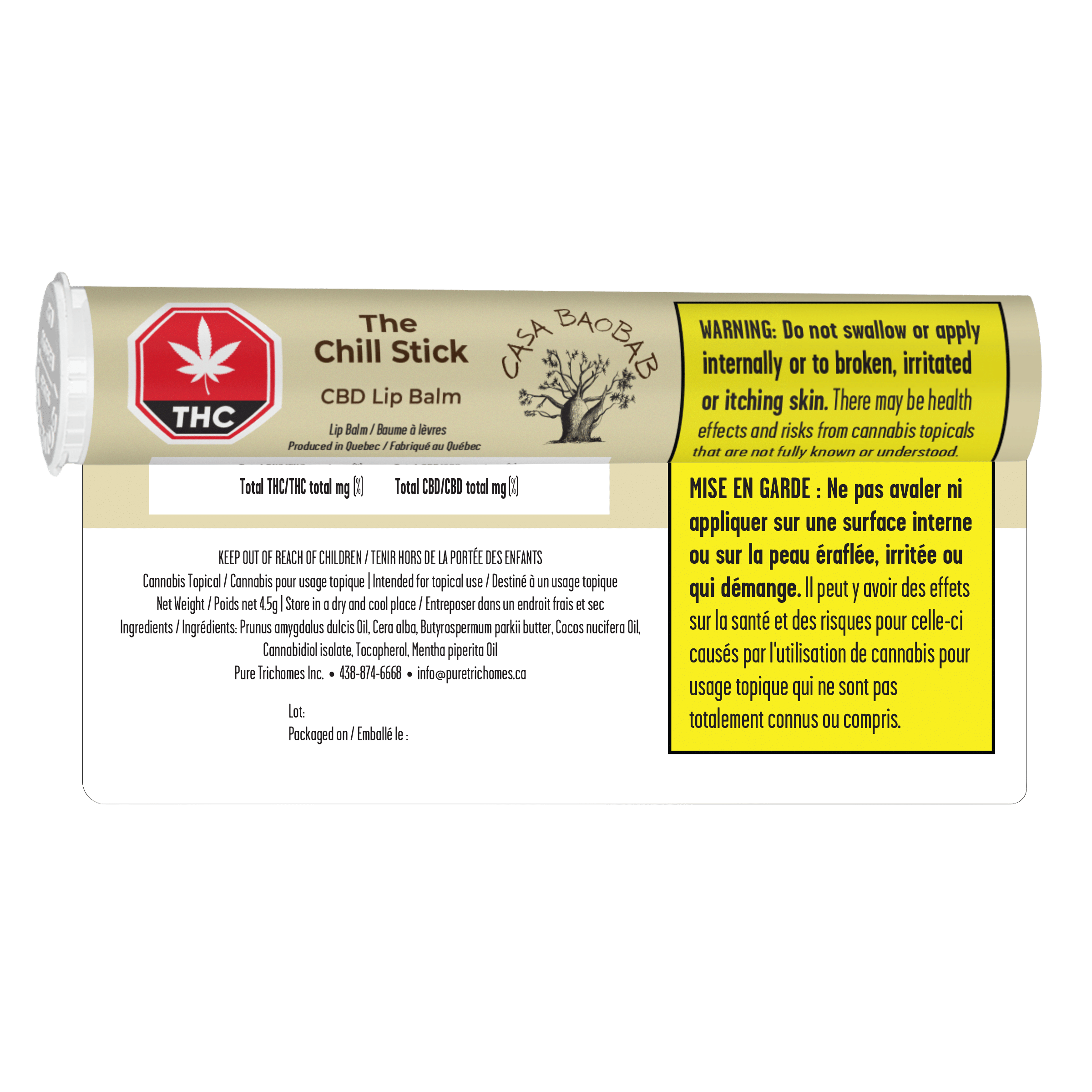 Baume à lèvres CBD ChillStick 2 Étiquette du baume à lèvres Chillstick avec contenant de Casa Baobab